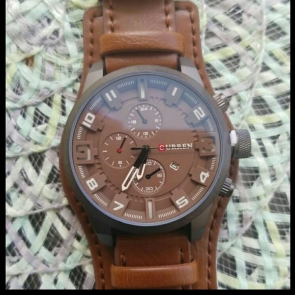 BROWN Men's Sports Waterproof Leather Strap Date W - Picture 2 of 3